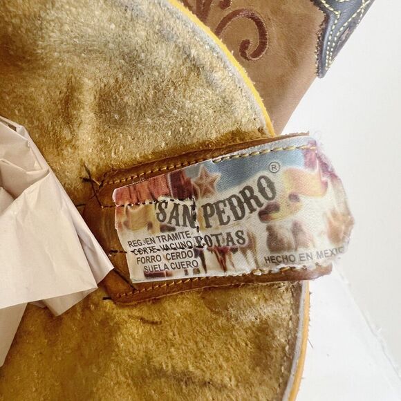 Women's Mexican Cowboy Boots Tan Leather Floral Embroidered Western Size 8 - Picture 5 of 8